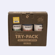 Biobizz Try Pack Indoor with BIO-GROW, BIO-BLOOM, and TOP nutrients, 100% organic certified.